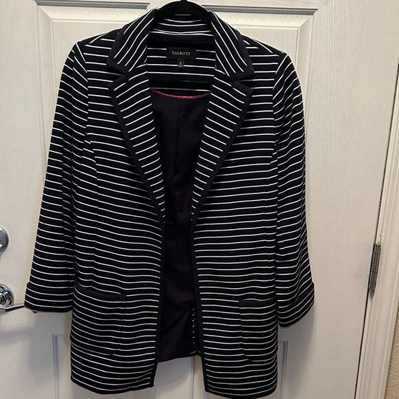 Talbots Jackets & Blazers - Talbots Classic Minimalist Black & White Striped Open Front Knit Blazer Size M